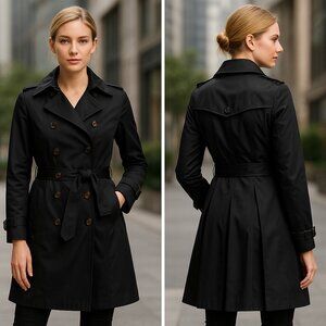 Dawn Levy Black Trench Coat S Removable Quilted Liner Belted Double Double Breas